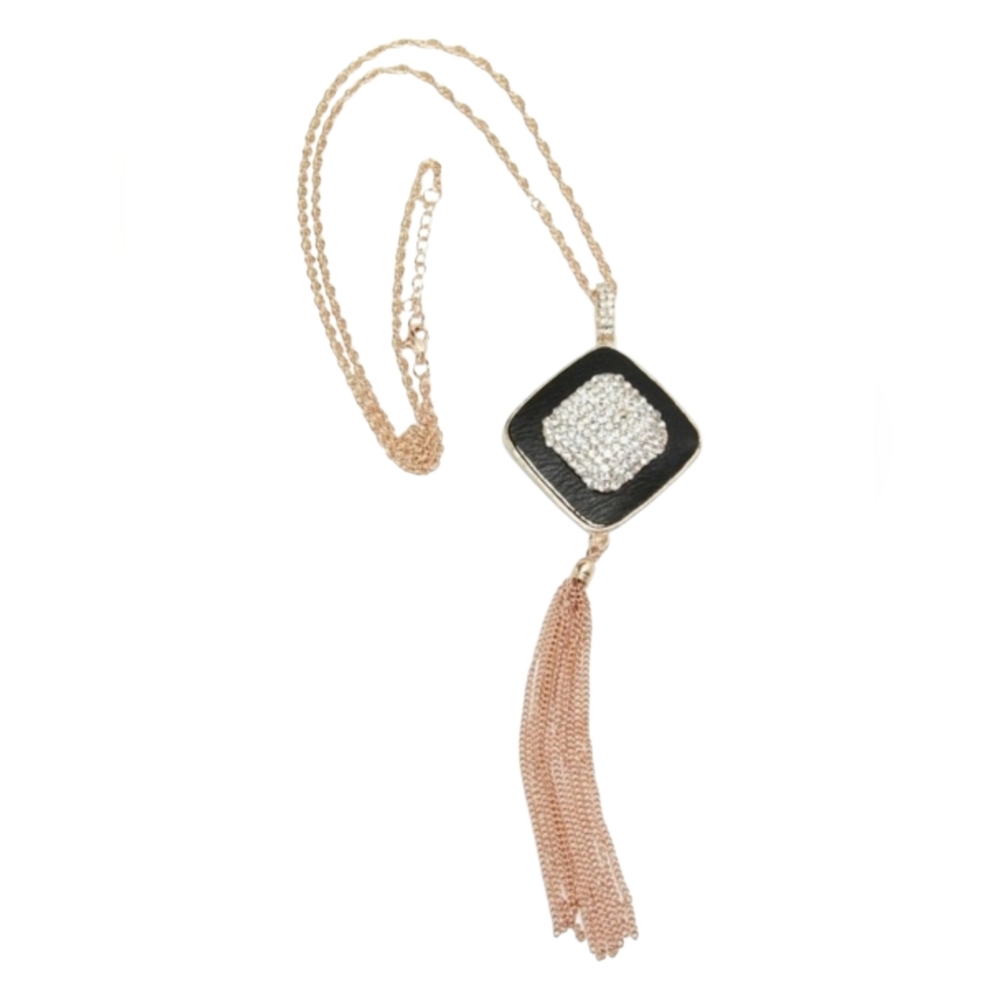 Leather & Pave Crystal  Necklace Tassel Statement Clear Glass 18K Gold